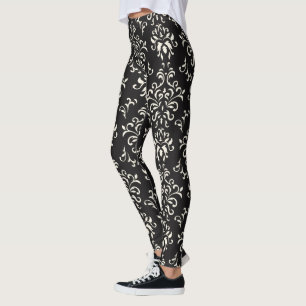 White on Black Floral Damascus Pattern Leggings