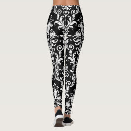 White on Black Floral Swirls Damask Leggings