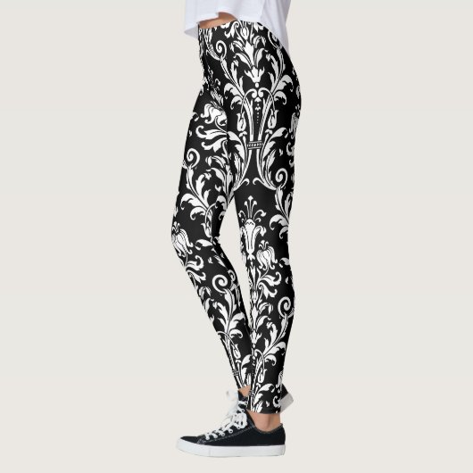 White on Black Floral Swirls Damask Leggings (Links)
