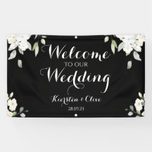 White on Black Floral Welkom op onze bruiloft