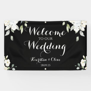 White on Black Floral Welkom op onze bruiloft Spandoek