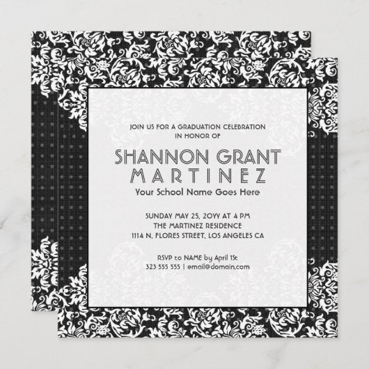 White on Black Flowers-Elegant Afstudeerder Invite Kaart (Voorkant / Achterkant)