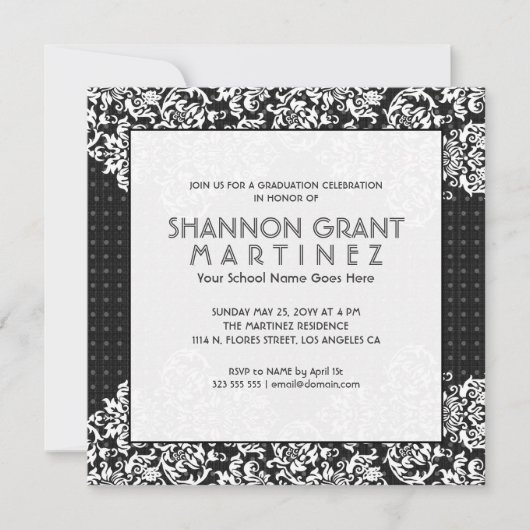 White on Black Flowers-Elegant Afstudeerder Invite Kaart (Voorkant)