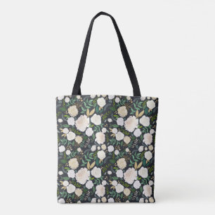White on Black Garden Midnight Floral Tote Bag
