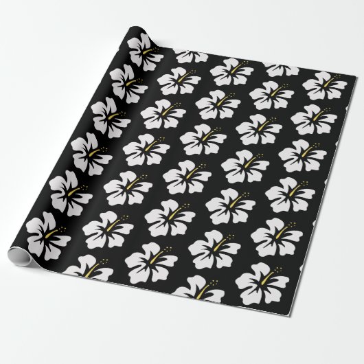 White on Black Hibiscus Cadeaupapier (Uitgerold)