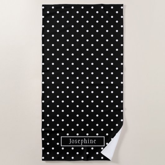 White On Black Polka Dots Pattern With Custom Name Strandlaken (Voorkant)