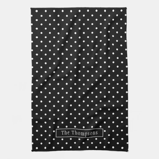 White On Black Polka Dots Pattern With Custom Name Theedoek (Verticaal)