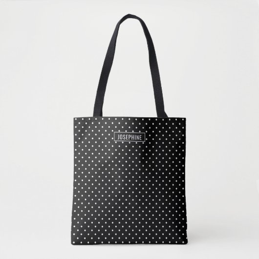 White On Black Polka Dots Pattern With Custom Name Tote Bag (Voorkant)