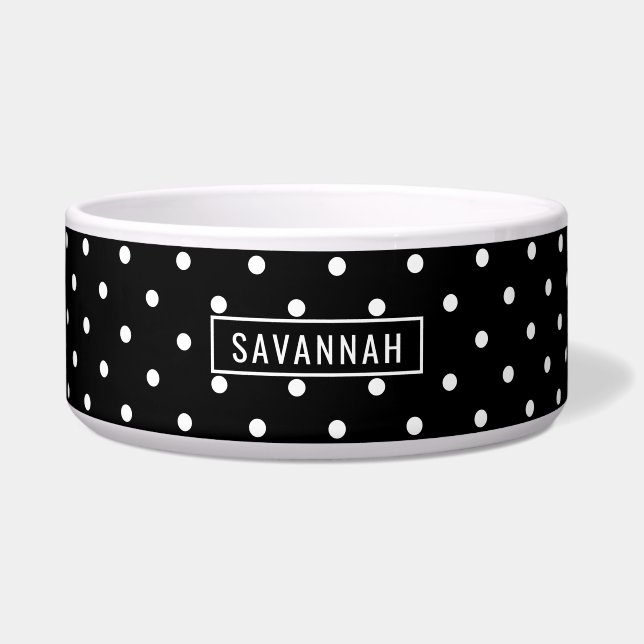 White On Black Polka Dots Pattern With Custom Name Voerbakje (Voorkant)