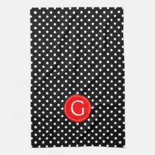 White on Black Polka Dots Red Accent Theedoek