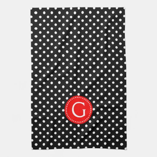 White on Black Polka Dots Red Accent Theedoek (Verticaal)
