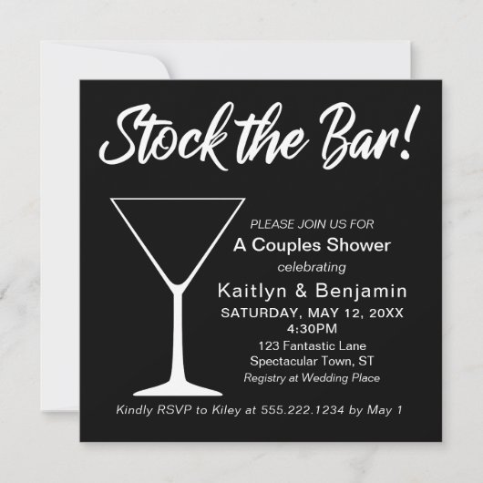 White on Black Stock the Bar Script Couples Shower Kaart (Voorkant)