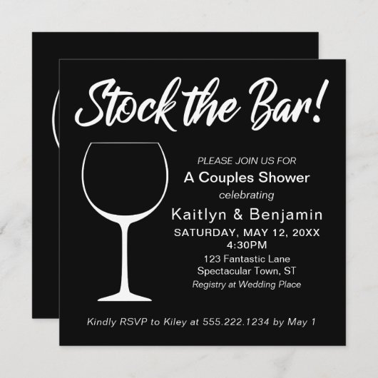 White on Black Stock the Bar Script Couples Shower Kaart (Voorkant / Achterkant)