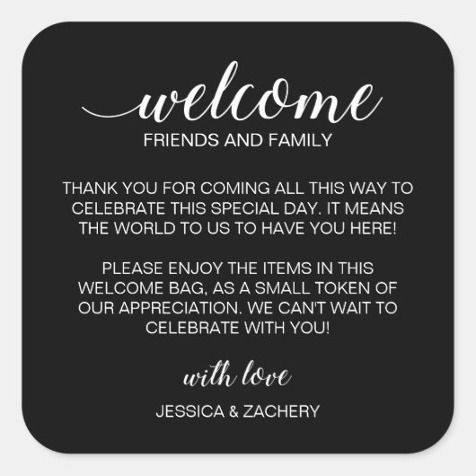 White on Black Wedding Welcome Gift Bag Basket Vierkante Sticker (Voorkant)