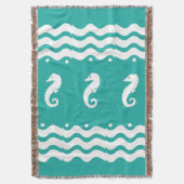 WHITE on blauwgroen aqua BLUE ZEE HORSE kustwoon Deken (Voorkant Verticaal)