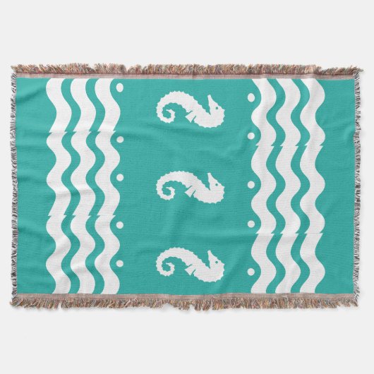 WHITE on blauwgroen aqua BLUE ZEE HORSE kustwoon Deken (Voorkant)