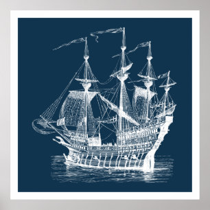 White on Blue  wind Sailing Boat Poster