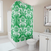White on green floral damkers patroon douchegordijn (In situ)