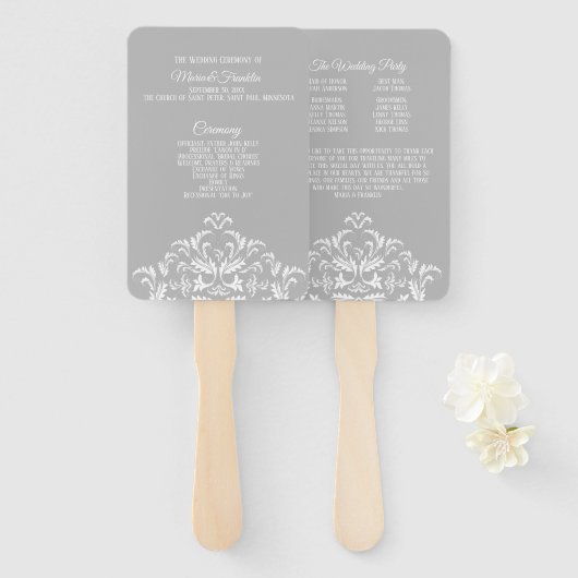 White on Grey Elegant Damask Wedding Program Fan Handwaaier (Voorkant en achterkant)