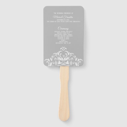 White on Grey Elegant Damask Wedding Program Fan Handwaaier (Voorkant)