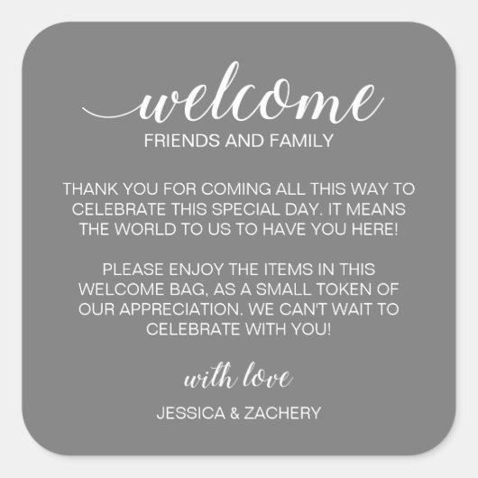 White on Grey Wedding Welcome Gift Bag Basket Vierkante Sticker (Voorkant)