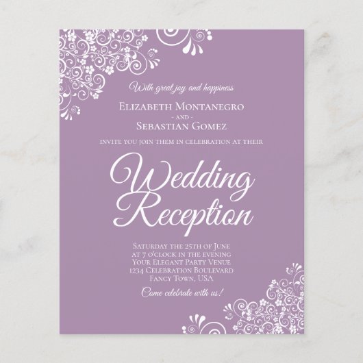 White on Lavender BUDGET Wedding Reception Invite (Voorkant)