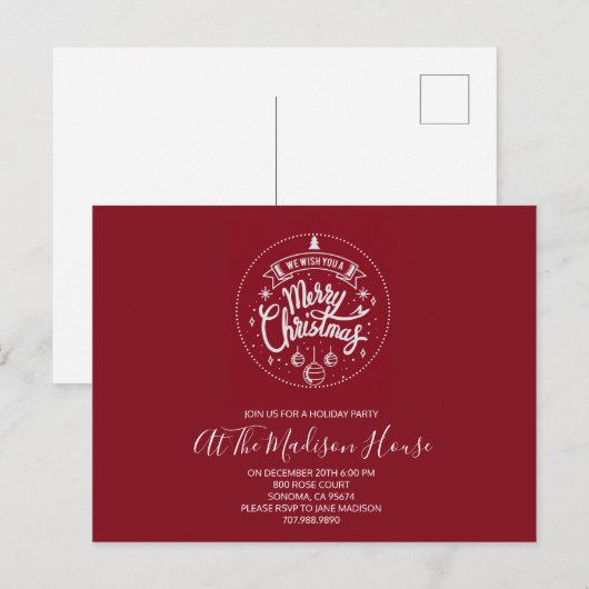 White on Red Merry kerstparty Uitnodiging Briefkaart (Voorkant / Achterkant)