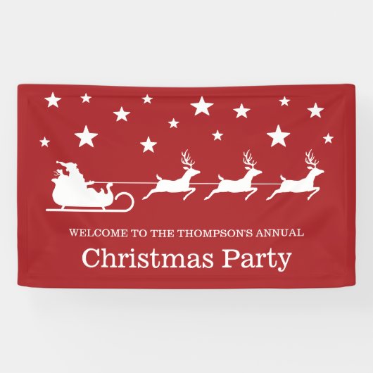 White on Red Santa Sleigh & Stars kerstparty Spandoek (Horizontaal)