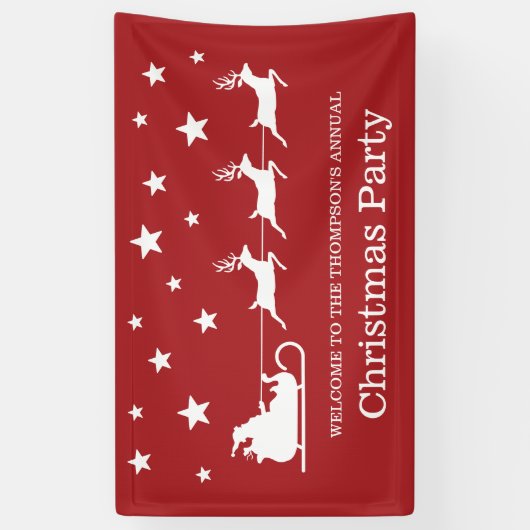 White on Red Santa Sleigh & Stars kerstparty Spandoek (Verticaal)