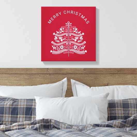 White on Red Scandinavian Nordic Christmas Tree Canvas Afdruk (Insitu (Slaapkamer))