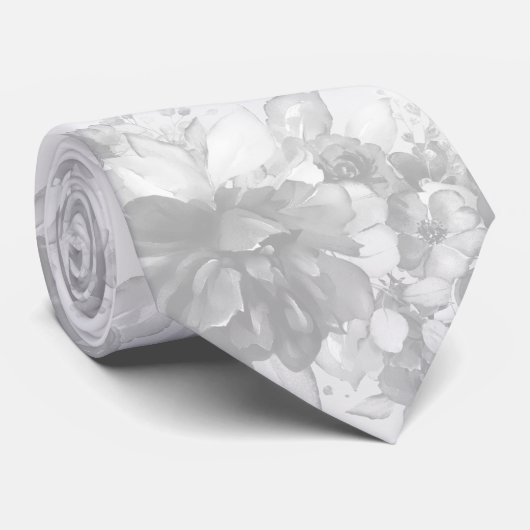 White on White Cascading Peonies Bleek Grey Weddin Stropdas (Opgerold)