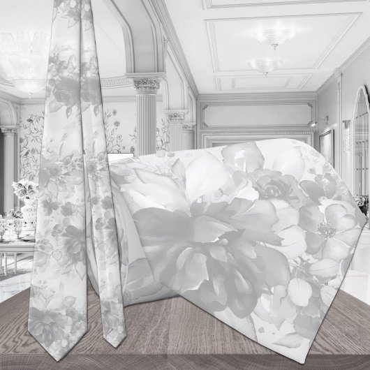 White on White Cascading Peonies Bleek Grey Weddin Stropdas