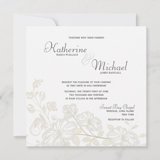 White on White Floral Wedding Invitations Kaart (Voorkant)