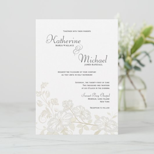 White on White Floral Wedding Invitations Kaart (Staand voorkant)