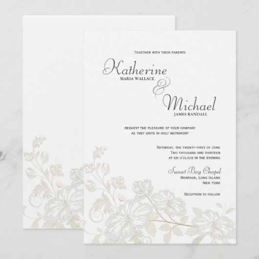 White on White Floral Wedding Invitations Kaart (Voorkant / Achterkant)