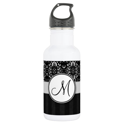White op Black Damask en Stripes met Monogram Waterfles (Voorkant)