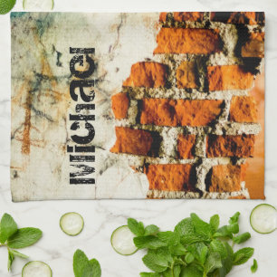 White oranje Cool old brick wall grafiti Jouw naam Theedoek