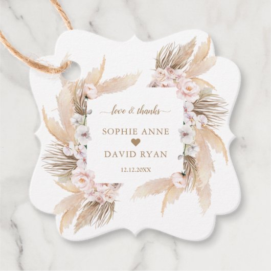White Orchid BlusH Rozen Pampas Grass Wedding Bedankjes Labels (Voorkant)