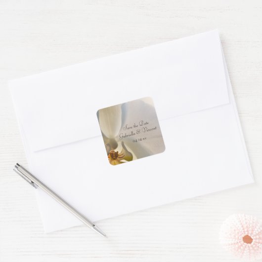 White Orchid Elegance Wedding Save the Date Vierkante Sticker (Envelop)