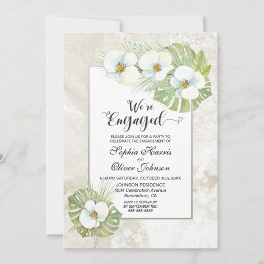 White Orchid Floral Photo Engagement Party Kaart (Voorkant)