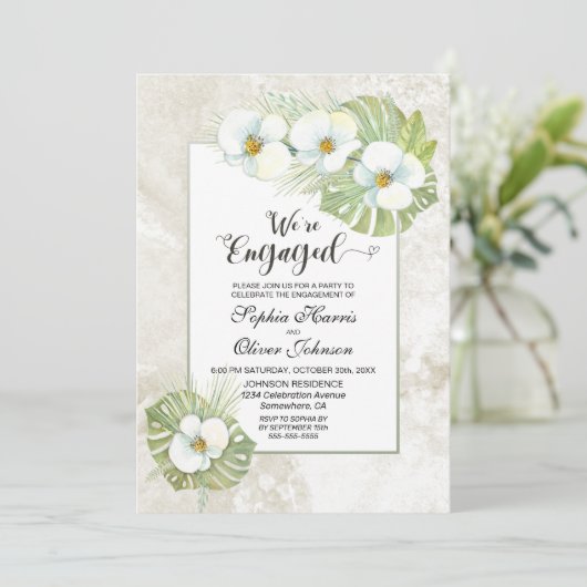 White Orchid Floral Photo Engagement Party Kaart (Staand voorkant)