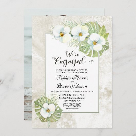 White Orchid Floral Photo Engagement Party Kaart (Voorkant / Achterkant)