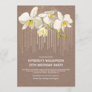 White Orchid Gold Glitter  Birthday Party Kaart