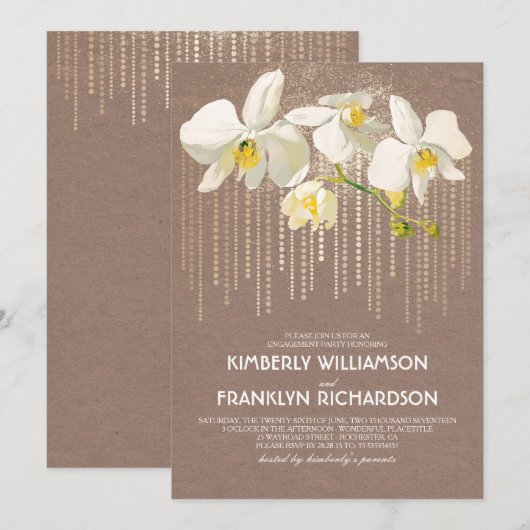 White Orchid Gold Glitter  Engagement Party Kaart