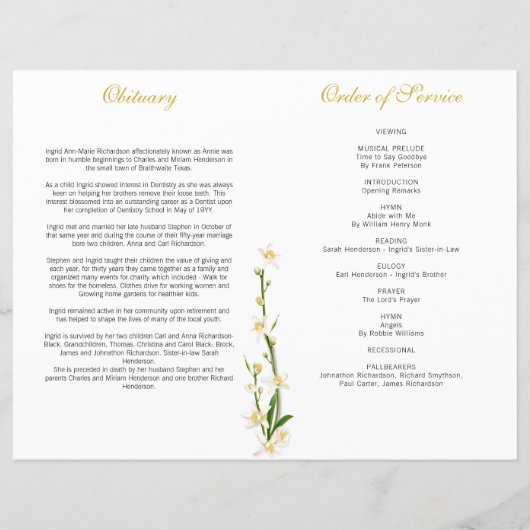 White Orchid Lily 2 foto begrafenisprogramma (Achterkant)