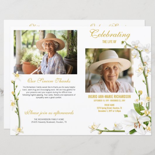 White Orchid Lily 2 foto begrafenisprogramma (Voorkant / Achterkant)