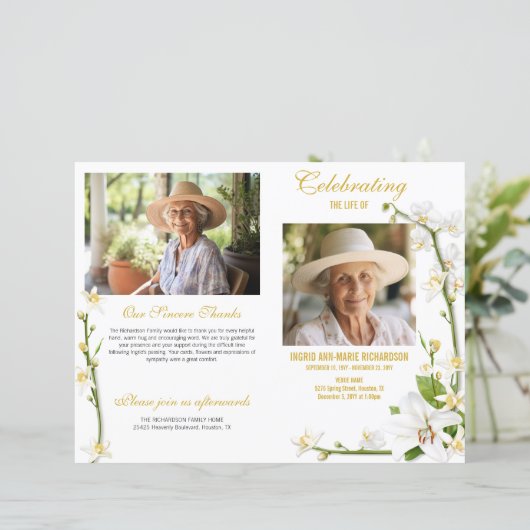 White Orchid Lily 2 foto begrafenisprogramma (Staand voorkant)