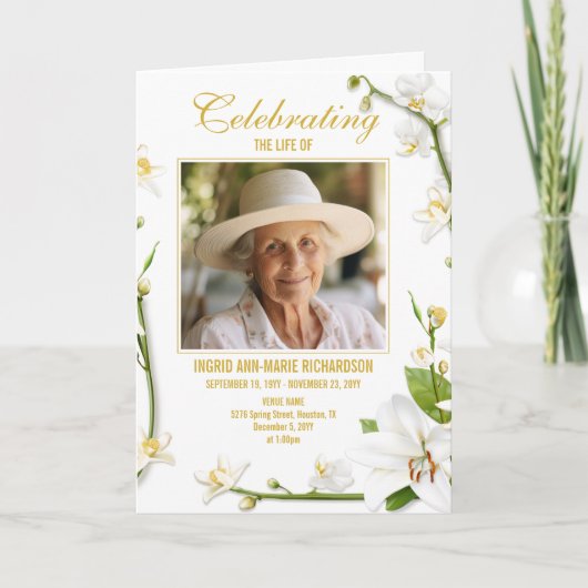 White Orchid Lily twee foto begrafenisprogramma Programma (Voorkant)