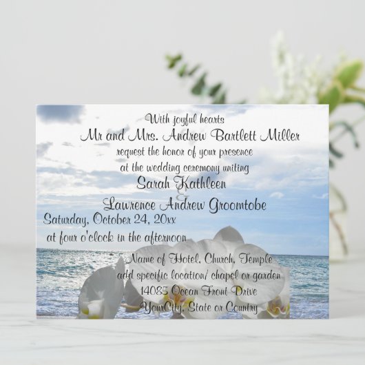 White Orchid Ocean Waves Wedding Kaart (Staand voorkant)