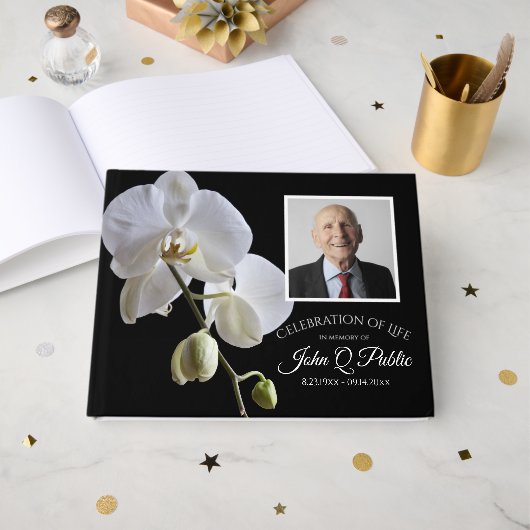 White Orchid on Black Celebration of Life Memorial Gastenboek (Voorkant open)